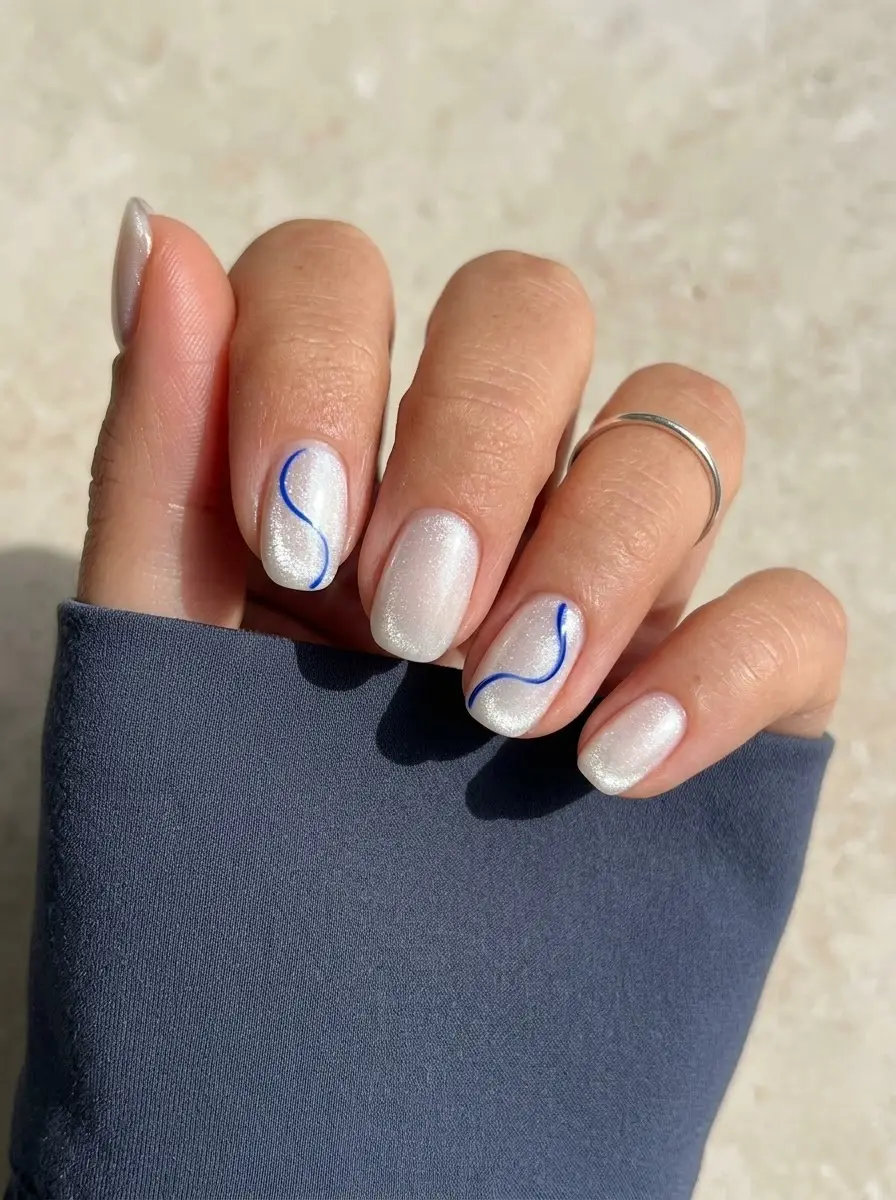Pearl White Velvet Nails With Cobalt Blue Lines