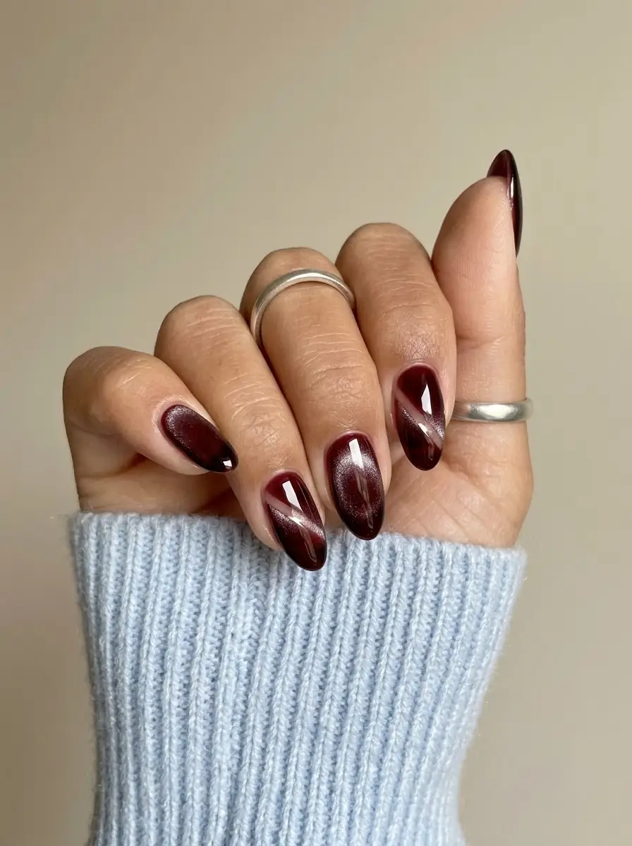 Wine Red Velvet Nails With Silver Diagonal Accents