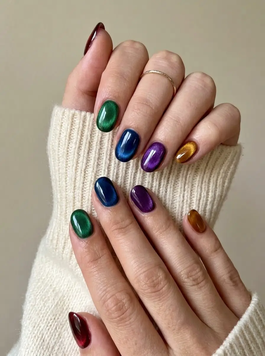 Multicolored Jewel-Tone Velvet Nails