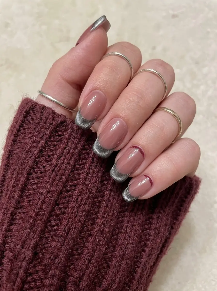 Silver Velvet French Tips With Burgundy Accents