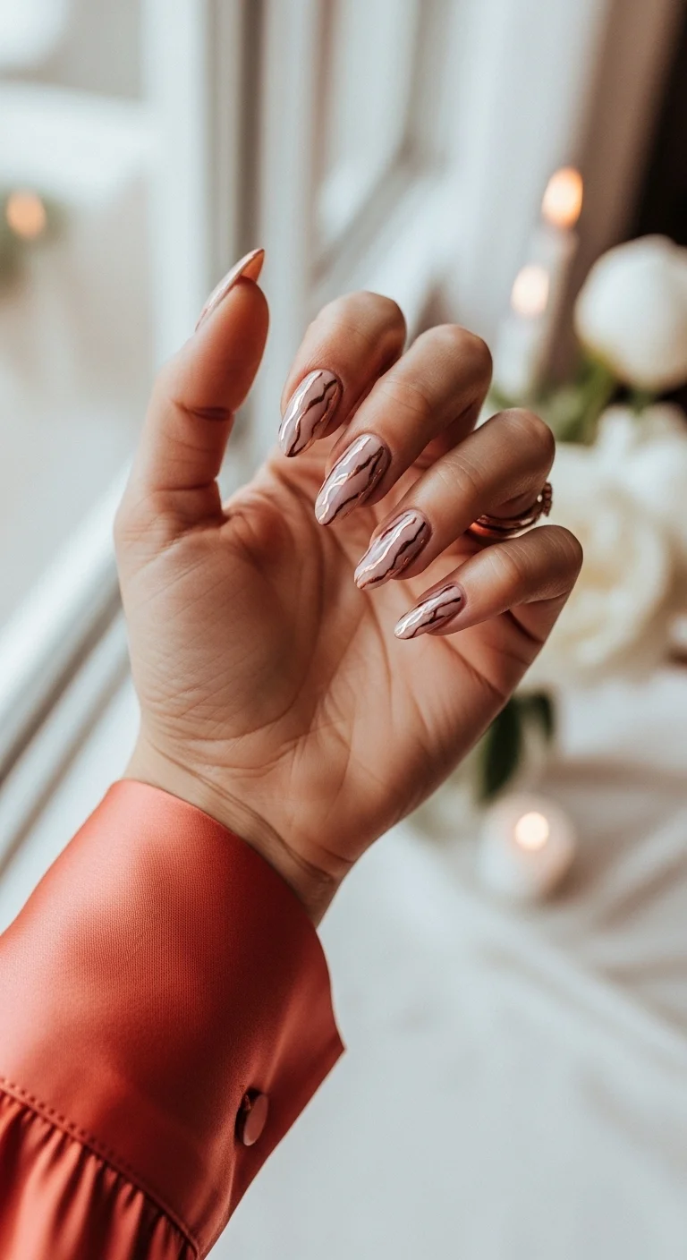 Nude nails with abstract, wavy rose gold and bronze marbled lines.